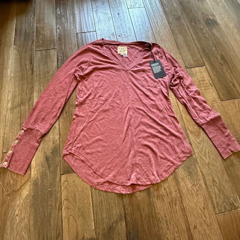 Chaser V-Neck Top Womens Large Pink Long Sleeve Button Cuff Pocket Tee